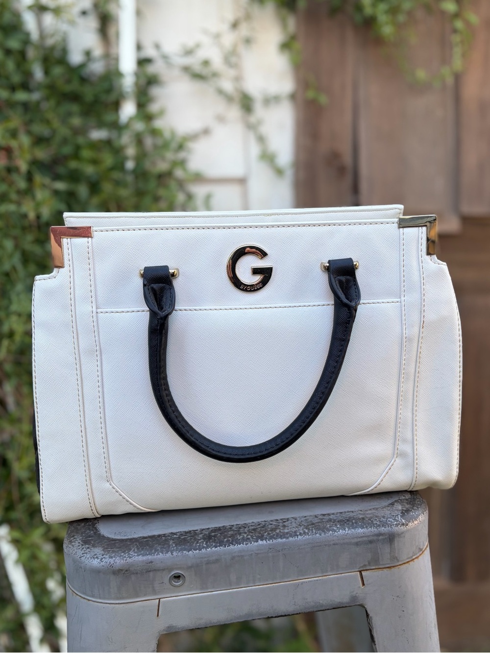 G by Guess White Shoulder Tote with Black Handles and Gold Logo Accents
